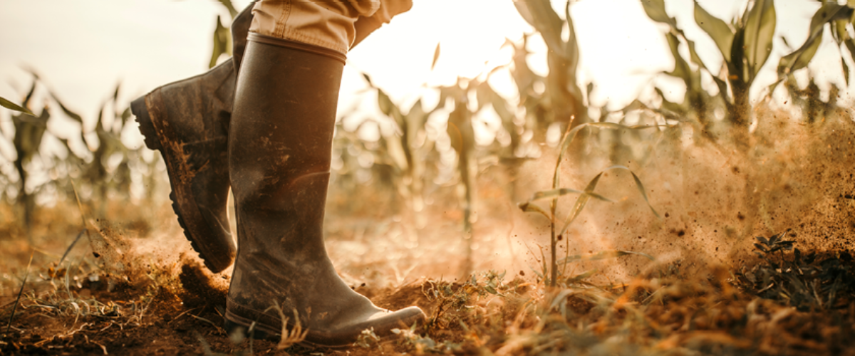 Close up of dirty work boots walking through a corn field