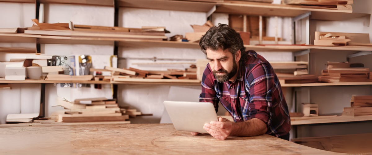 A Male Entrepreneur Using a Treasury Management System on his Tablet at His Carpentry Business