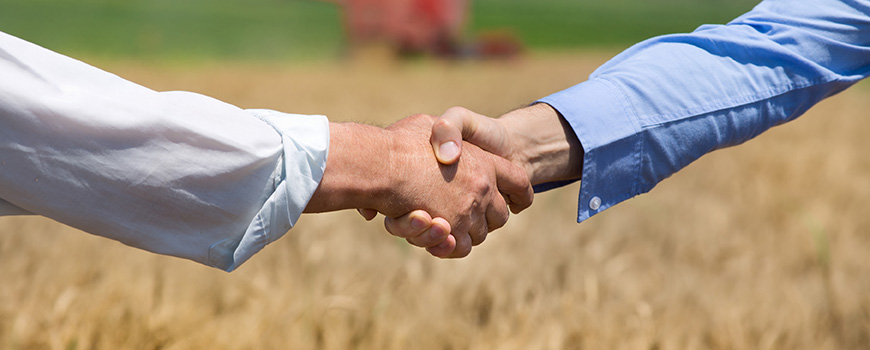 Farmer And Banker In Field shaking hands